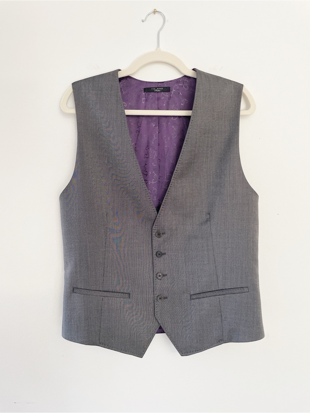 Ted Baker Wool Silk Vest Size 42R Grey Adjustable Four Button Formal Wedding